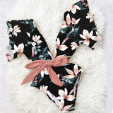 Floral Sexy Ruffle V-Neck Belt Monokini Bathing Suits Push Up String Beach Wear