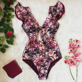 Floral Sexy Ruffle V-Neck Belt Monokini Bathing Suits Push Up String Beach Wear