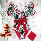 Floral Sexy Ruffle V-Neck Belt Monokini Bathing Suits Push Up String Beach Wear