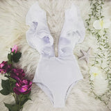 Floral Sexy Ruffle V-Neck Belt Monokini Bathing Suits Push Up String Beach Wear