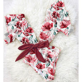 Floral Sexy Ruffle V-Neck Belt Monokini Bathing Suits Push Up String Beach Wear