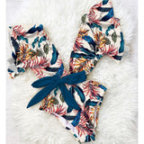 Floral Sexy Ruffle V-Neck Belt Monokini Bathing Suits Push Up String Beach Wear