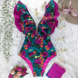 Floral Sexy Ruffle V-Neck Belt Monokini Bathing Suits Push Up String Beach Wear