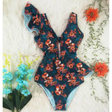 Floral Sexy Ruffle V-Neck Belt Monokini Bathing Suits Push Up String Beach Wear