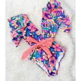 Floral Sexy Ruffle V-Neck Belt Monokini Bathing Suits Push Up String Beach Wear