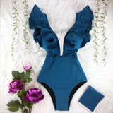 Floral Sexy Ruffle V-Neck Belt Monokini Bathing Suits Push Up String Beach Wear