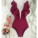 Floral Sexy Ruffle V-Neck Belt Monokini Bathing Suits Push Up String Beach Wear