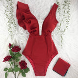 Floral Sexy Ruffle V-Neck Belt Monokini Bathing Suits Push Up String Beach Wear