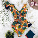 Floral Sexy Ruffle V-Neck Belt Monokini Bathing Suits Push Up String Beach Wear