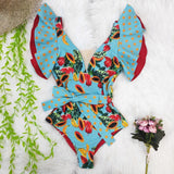 Floral Sexy Ruffle V-Neck Belt Monokini Bathing Suits Push Up String Beach Wear