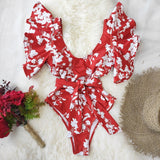 Floral Sexy Ruffle V-Neck Belt Monokini Bathing Suits Push Up String Beach Wear