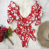 Floral Sexy Ruffle V-Neck Belt Monokini Bathing Suits Push Up String Beach Wear
