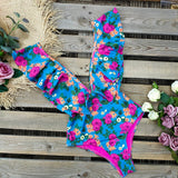 Floral Sexy Ruffle V-Neck Belt Monokini Bathing Suits Push Up String Beach Wear
