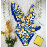 Floral Sexy Ruffle V-Neck Belt Monokini Bathing Suits Push Up String Beach Wear