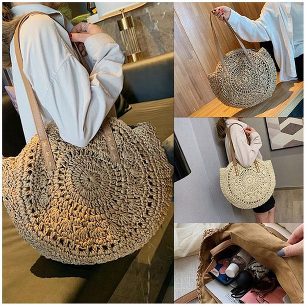 Bohemian Hand-woven Round Woman's Shoulder Bag  Straw Beach Bag Travel